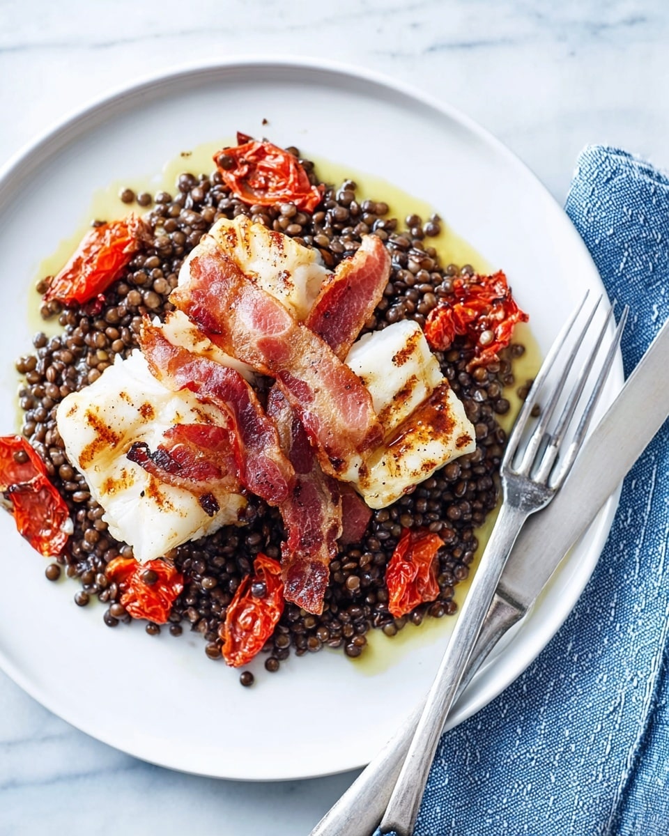 A white round plate holds a layered dish starting with a base of small black lentils spread evenly, creating a textured, dark layer. Scattered among the lentils are bright red, roasted tomato pieces, adding pops of color and soft, slightly wrinkled texture throughout. On top, there are two thick white fish fillets with grill marks, giving them a light brown, slightly crispy look, draped with strips of crispy light brown bacon. The plate is sitting on a white marbled surface with a silver fork and knife on a white napkin with a blue cloth partially under it. Photo taken with an iphone --ar 4:5 --v 7