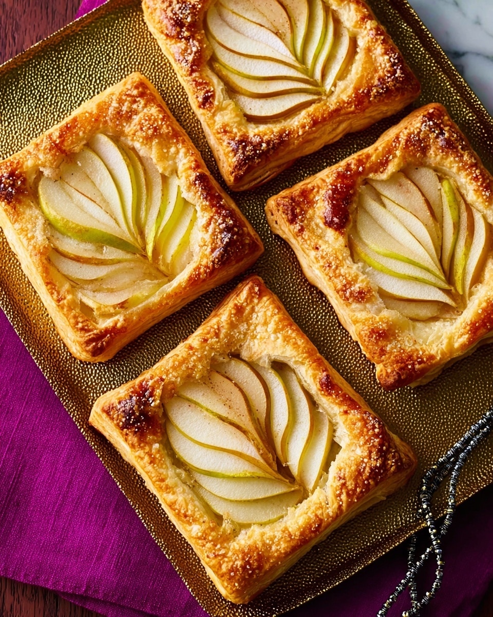 Five square apple tarts are arranged closely on a textured silver tray set over a white marbled surface with a bright purple cloth partially shown underneath. Each tart has a golden-brown, flaky crust with slightly puffed edges that are sprinkled with sugar crystals. Inside the crust, thin slices of apple with light green skin and white flesh are neatly fanned in a single layer, showing a smooth texture with faint specks of cinnamon or sugar on top. The tarts vary slightly in the apple arrangement but all have a shiny, glazed look. A black-handled fork lies on the surface near the tray. Photo taken with an iphone --ar 4:5 --v 7