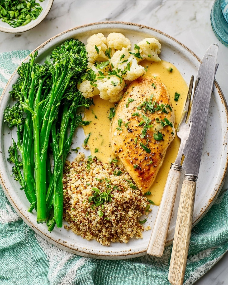 A white round plate holds a meal with three main parts: on the left, bright green steamed broccolini and light cream cauliflower florets with a sprinkle of black pepper; in the middle, a thick sauce with small pieces of onion, creamy yellow in color; on top of the sauce, a golden-brown cooked chicken breast sprinkled with green herbs; on the right side of the plate is a mound of light brown quinoa mixed with finely chopped green herbs. A silver fork and knife with a light wooden handle rest on the right edge of the plate. The plate sits on a white marbled surface with a light green and white cloth nearby. photo taken with an iphone --ar 4:5 --v 7