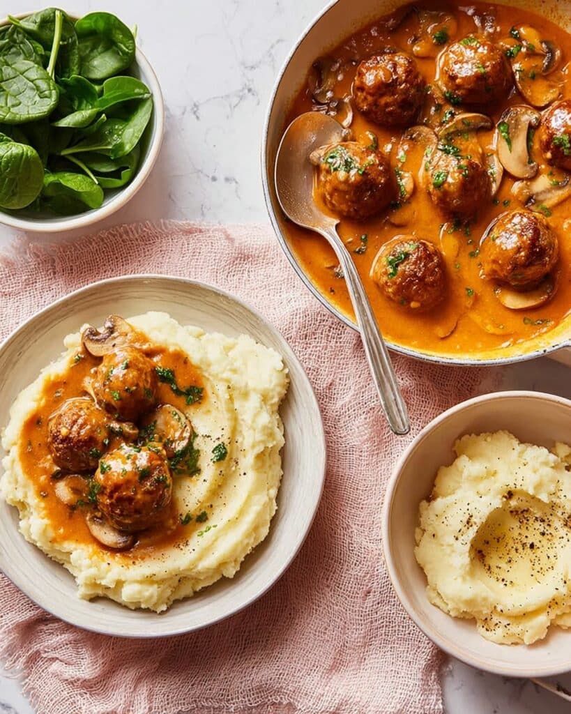 Stroganoff Meatballs with Mashed Potatoes and Wilted Spinach Recipe