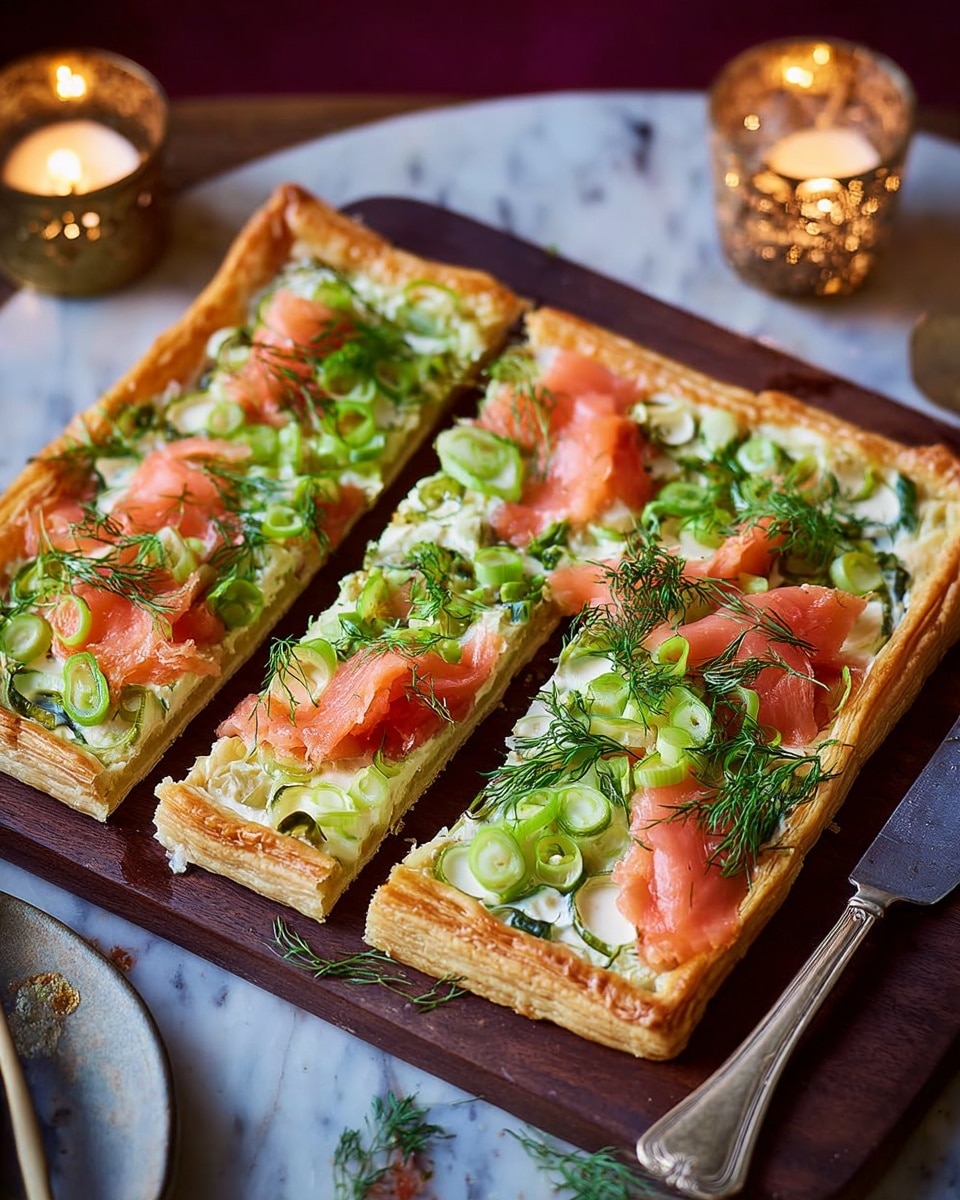 A rectangular puff pastry tart is shown on a dark wooden board placed on a white marbled surface. The tart has three layers: the base is a golden crisp puff pastry crust; the middle layer is creamy white cheese spread evenly; the top layer is decorated with thin slices of pink smoked salmon, bright green leek rings, and fresh green dill sprigs scattered all over. The tart is cut into three large rectangular pieces with a silver knife resting on the right side of the board. Warm candlelight creates a cozy atmosphere around the tart. Photo taken with an iphone --ar 4:5 --v 7