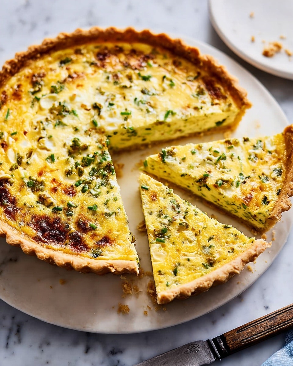 A sliced quiche is shown on a white plate placed on a white marbled texture. The quiche has a golden-brown crust with a creamy, yellow egg filling mixed with green herbs and small bits of light-colored vegetables scattered throughout. The filling is slightly browned on top with a smooth texture and a few slightly crispy spots. Three slices are cut and slightly separated from the whole quiche, revealing a consistent filling thickness inside. A knife with a dark handle lies nearby on the white marbled surface. Photo taken with an iphone --ar 4:5 --v 7