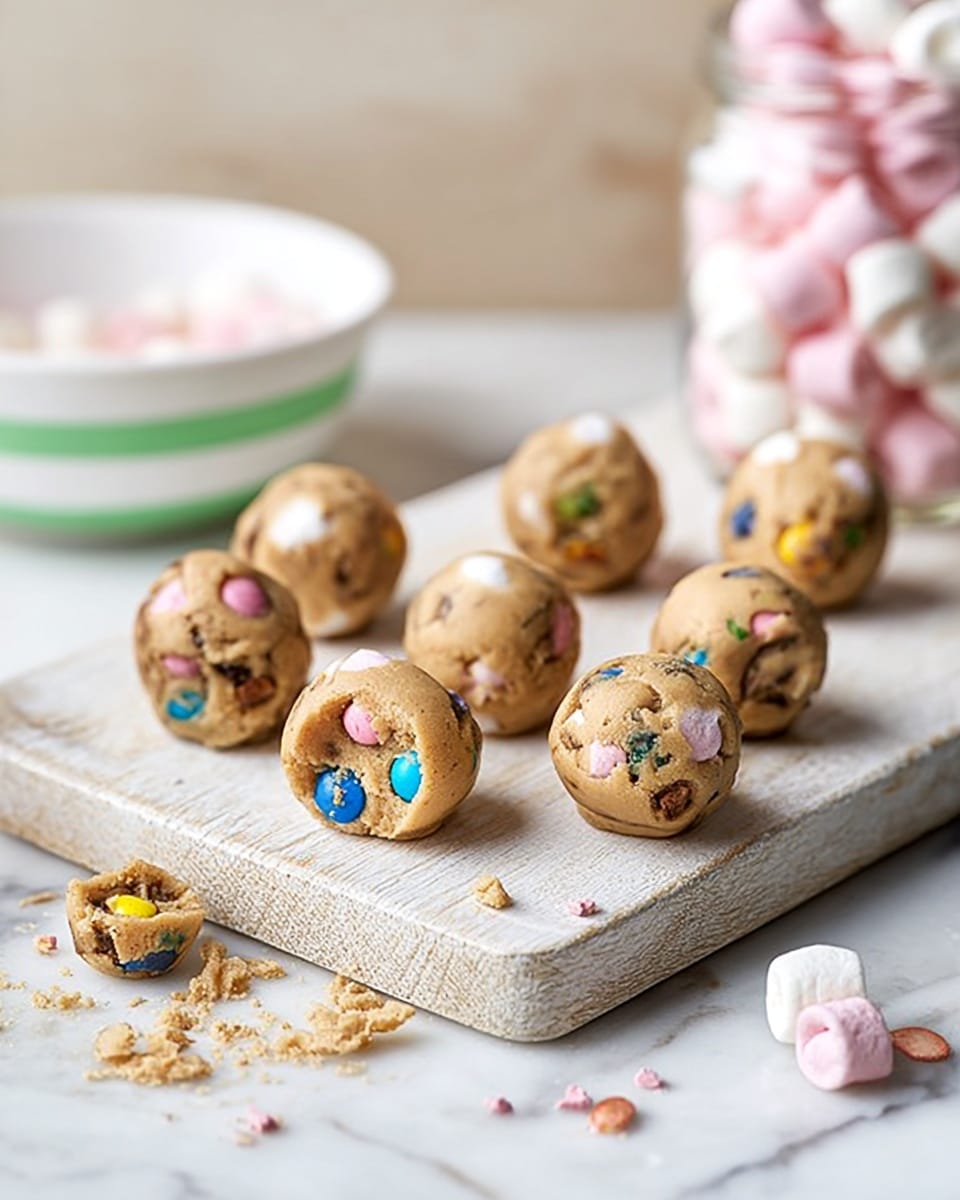 There are several round cookie dough balls placed on a small rectangular white cutting board. Each ball has colorful pieces of candy and small white mini marshmallows embedded in the dough, giving them a textured look with different shades of brown and pops of color from the candy. Around the cutting board on a white marbled surface, there are broken candy pieces and mini marshmallows scattered loosely. In the background, there is a white bowl with a green stripe and a glass jar filled with pink and white marshmallows, softly out of focus. photo taken with an iphone --ar 4:5 --v 7