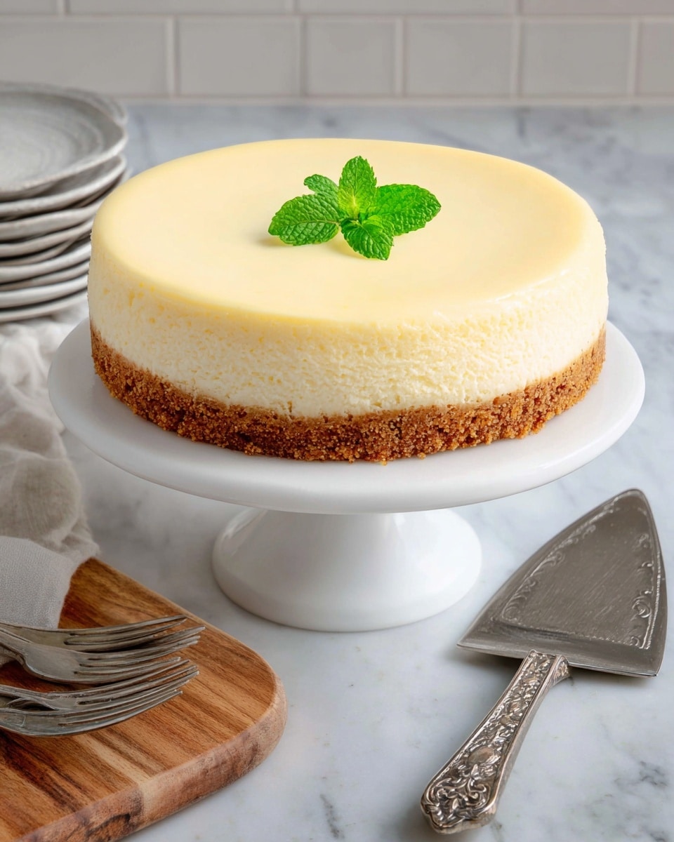 A two-layered cheesecake is shown, with the bottom layer being a crumbly light brown crust, and the top layer a thick, smooth pale yellow creamy cheese filling that is slightly rounded on top. Two small green mint leaves rest in the center of the cheesecake's top. The cake sits on a white pedestal cake stand. In the background, there is a stack of white plates, silver forks on a white cloth, and a wooden surface, all set against a white tiled wall. A silver cake server with an ornate handle lies in the foreground on a white marbled texture surface. Photo taken with an iphone --ar 4:5 --v 7