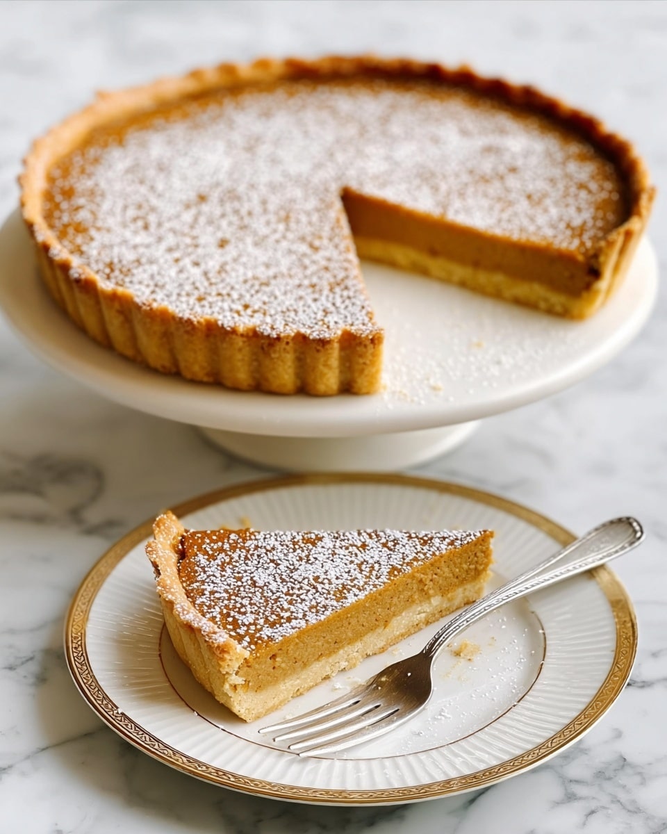 A golden brown tart with a slightly crispy crust sits on a white cake stand, with a slice cut out and placed on a white plate with a gold rim nearby. The tart filling looks smooth and dense, dusted lightly with powdered sugar. The slice on the plate is shown with a silver fork resting beside it. All is set on a white marbled textured surface. Photo taken with an iphone --ar 4:5 --v 7