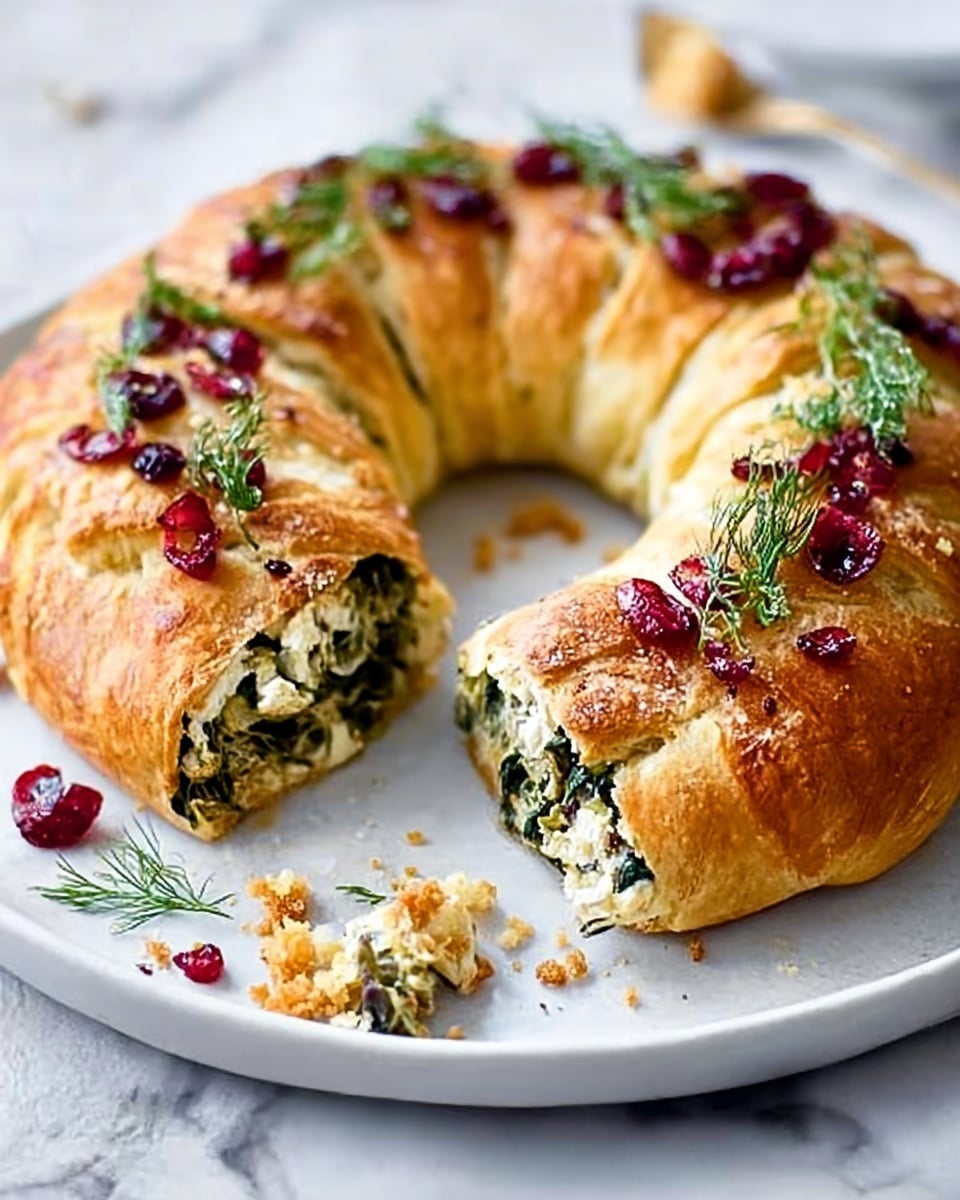 A round, golden-brown baked pastry wreath sits on a white plate with some crumbs scattered around it. The pastry is puffed and has a flaky texture, with visible folds and curves making up the circular shape. It is topped with sprigs of fresh green dill and small, deep red dried cranberries spread evenly over the surface. A slice near the front side is cut open, showing a filling inside that looks like chopped spinach mixed with some cheese, which is dark green and creamy in texture. The plate is placed on a white marbled surface. Photo taken with an iphone --ar 4:5 --v 7