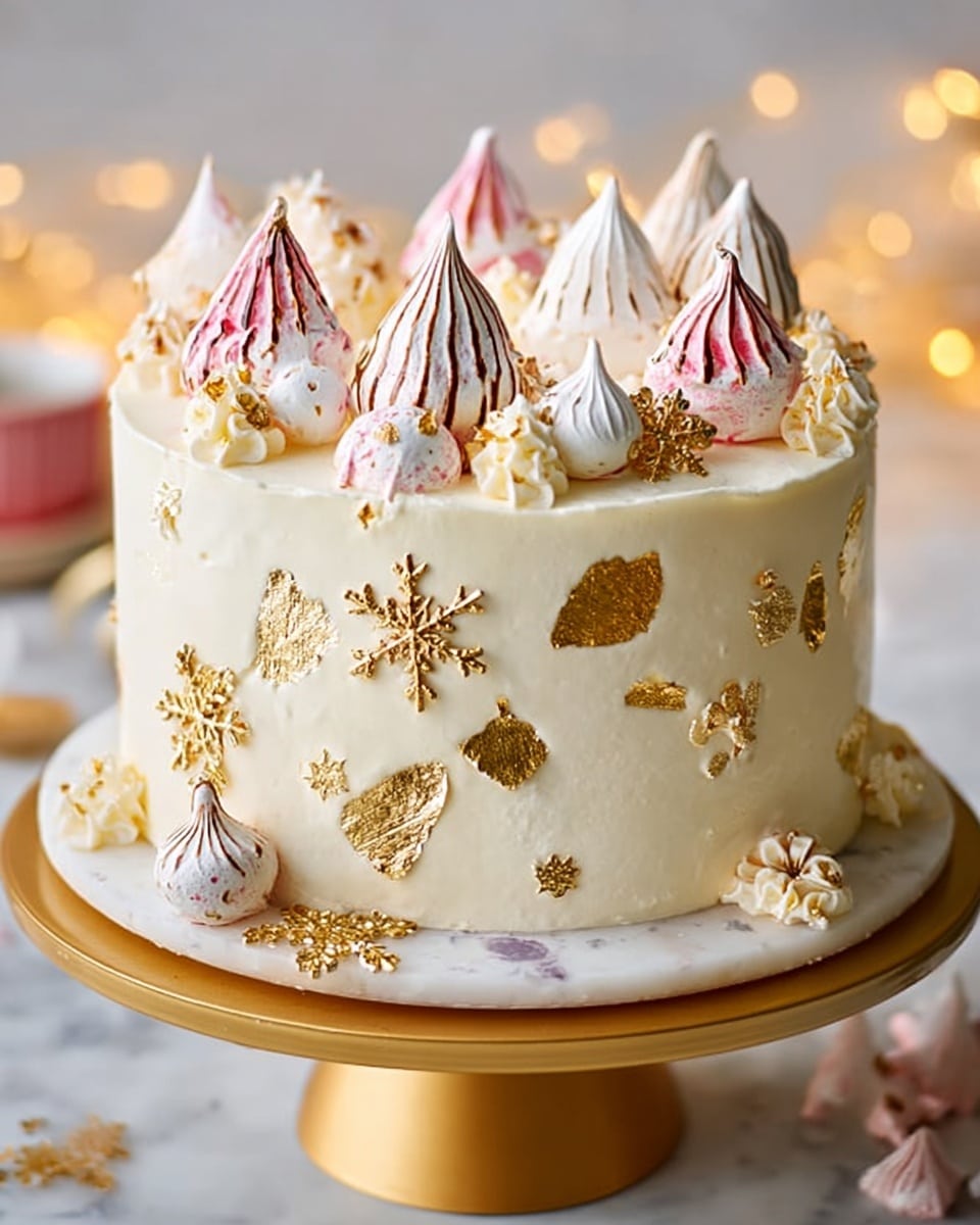 The image shows a tall, round cake with two visible layers, covered in smooth white frosting with scattered patches of textured gold leaf on the sides. On top, there are pink and white meringue kisses swirled with dark chocolate drizzle and placed in a ring around the edge. Small edible gold snowflake decorations are scattered on the top and around the base. The cake sits on a shiny gold cake stand, and the background has blurred yellow lights and a white marbled surface. photo taken with an iphone --ar 4:5 --v 7
