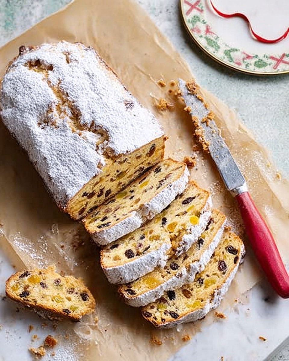A loaf of fruit bread with a golden-brown crust dusted generously with white powdered sugar is placed on parchment paper over a white marbled surface. Four thick slices of the bread are cut and neatly arranged in a row above the remaining loaf. Each slice reveals a dense interior filled with dark raisins, nuts, and bright yellow dried fruit pieces, creating a textured, colorful pattern inside. A serrated knife with a red handle lies beside the bread on the parchment paper. Photo taken with an iphone --ar 4:5 --v 7