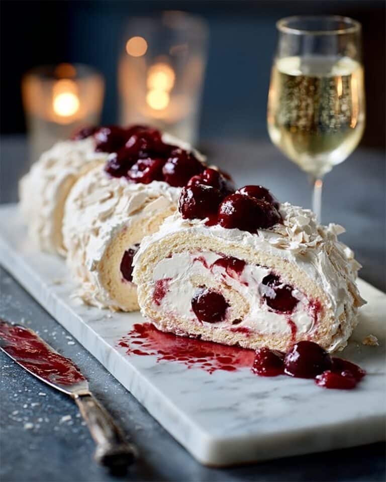 White Forest Meringue Roulade with Cherry and White Chocolate Recipe