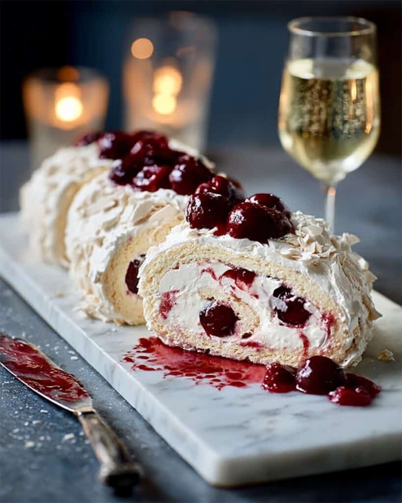 White Forest Meringue Roulade with Cherry and White Chocolate Recipe