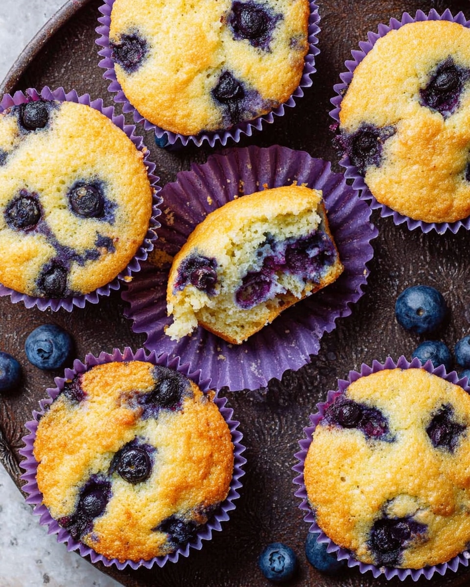 The image shows several blueberry muffins with golden-brown tops, dotted with dark blue blueberries, sitting inside purple paper liners. One muffin is partially eaten, revealing a soft, moist, pale yellow inside with scattered blueberries. The muffins are arranged on a dark, round baking tray with a few loose blueberries placed around them. The background surface is a white marbled texture. photo taken with an iphone --ar 4:5 --v 7