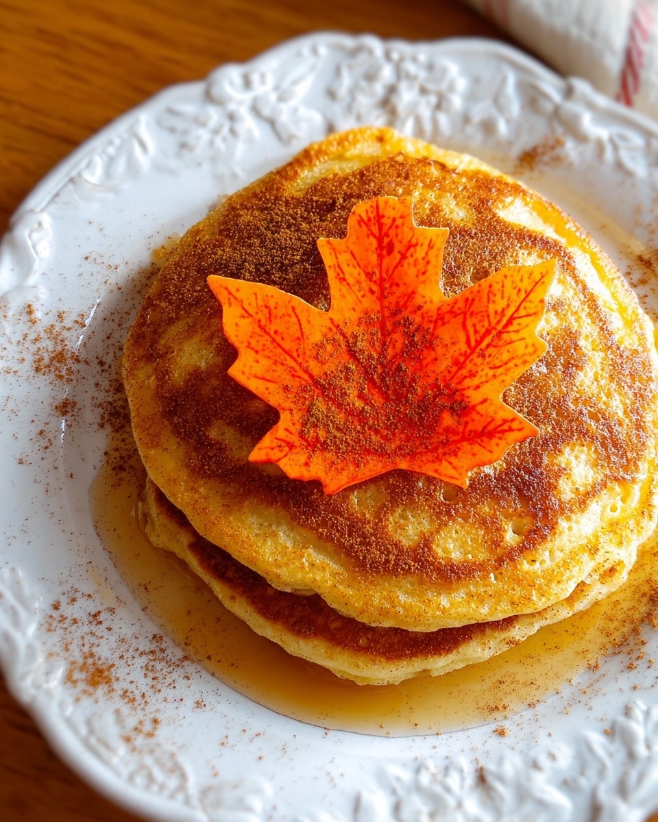 A stack of three golden-brown pancakes with a slightly crispy texture, placed in the center of a white decorative plate with ornate edges. The pancakes have a warm, inviting color with small bubbles and light browning spots, indicating a fluffy inside. On top, there is a single bright orange-red maple leaf with dark veins, adding an autumn feel to the dish. Light specks of cinnamon or spice are scattered around the plate, and a bit of syrup is pooled near the edges of the pancakes on the plate. The plate sits on a white marbled surface. photo taken with an iphone --ar 4:5 --v 7