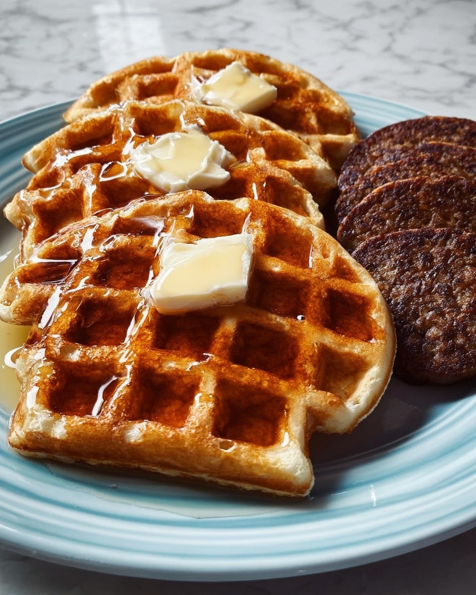 The image shows a white plate with three quarter-circle waffles stacked slightly on top of each other, each waffle having a golden brown color with syrup filling the grid squares, and two small dollops of butter on the top waffle. Behind the waffles, there are two round, dark brown sausage patties. The plate is set on a white marbled surface. photo taken with an iphone --ar 4:5 --v 7