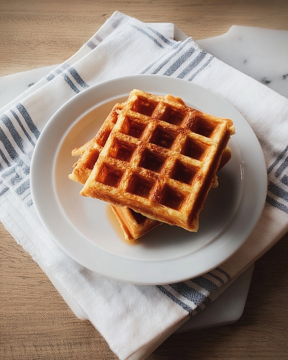 Three golden brown waffles are stacked unevenly on a simple white plate, each waffle showing a grid pattern with deep square pockets and a crispy texture. The waffles have varied shades of light to medium brown, indicating a perfectly cooked surface with a slight softness at the edges. The plate rests on a white marbled texture, and beside it lies a folded white cloth with two blue stripes, adding a simple touch to the scene. photo taken with an iphone --ar 4:5 --v 7