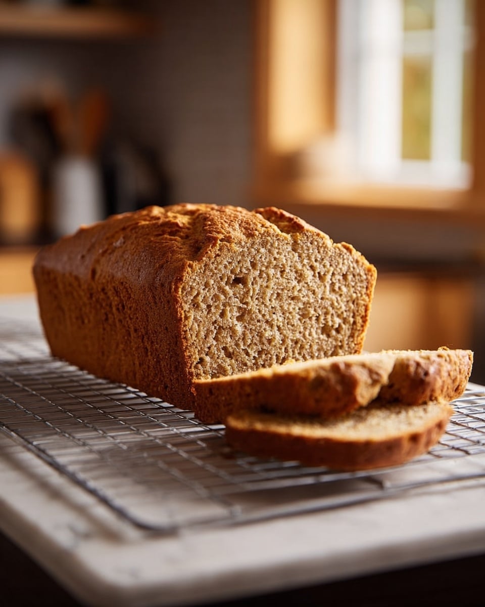 A loaf of brown bread with a rough, textured crust and soft, spongy inside is placed on a metal cooling rack over a white marbled surface. Two slices are cut from the loaf and lie flat beside it, showing the fine crumb structure and light brown color inside. The bread has a slightly cracked top and looks moist but firm. The background is a softly blurred kitchen setting with warm light coming in from a window. photo taken with an iphone --ar 4:5 --v 7