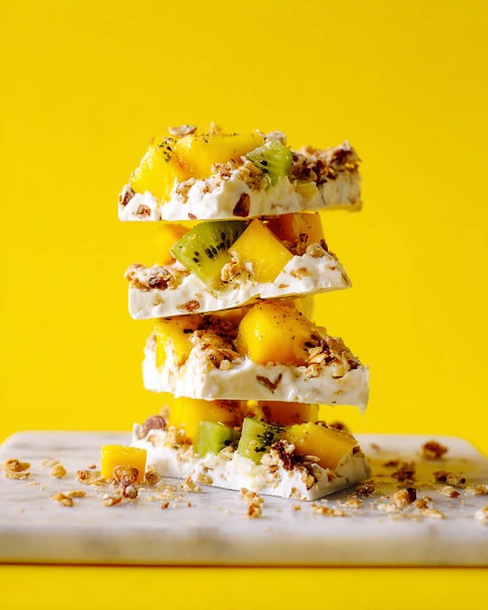 A stack of five uneven, square pieces of white frozen yogurt bark with visible chunks of yellow mango, green kiwi, and small brown granola bits scattered on top and between layers. The pieces are placed on a white marbled surface with some granola crumbs around them. The background is bright yellow, and the texture of the yogurt looks creamy and cold. Photo taken with an iphone --ar 4:5 --v 7