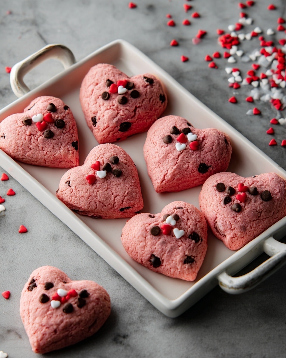 A white rectangular tray with gold edges holds ten heart-shaped cookies that are pinkish red with a rough texture, studded with dark chocolate chips scattered throughout. Each cookie is decorated with small red and white heart-shaped sprinkles clustered in the center. Three more cookies rest directly on a dark gray surface around the tray, along with scattered red and white heart sprinkles. The whole scene is set on a white marbled texture background. photo taken with an iphone --ar 4:5 --v 7