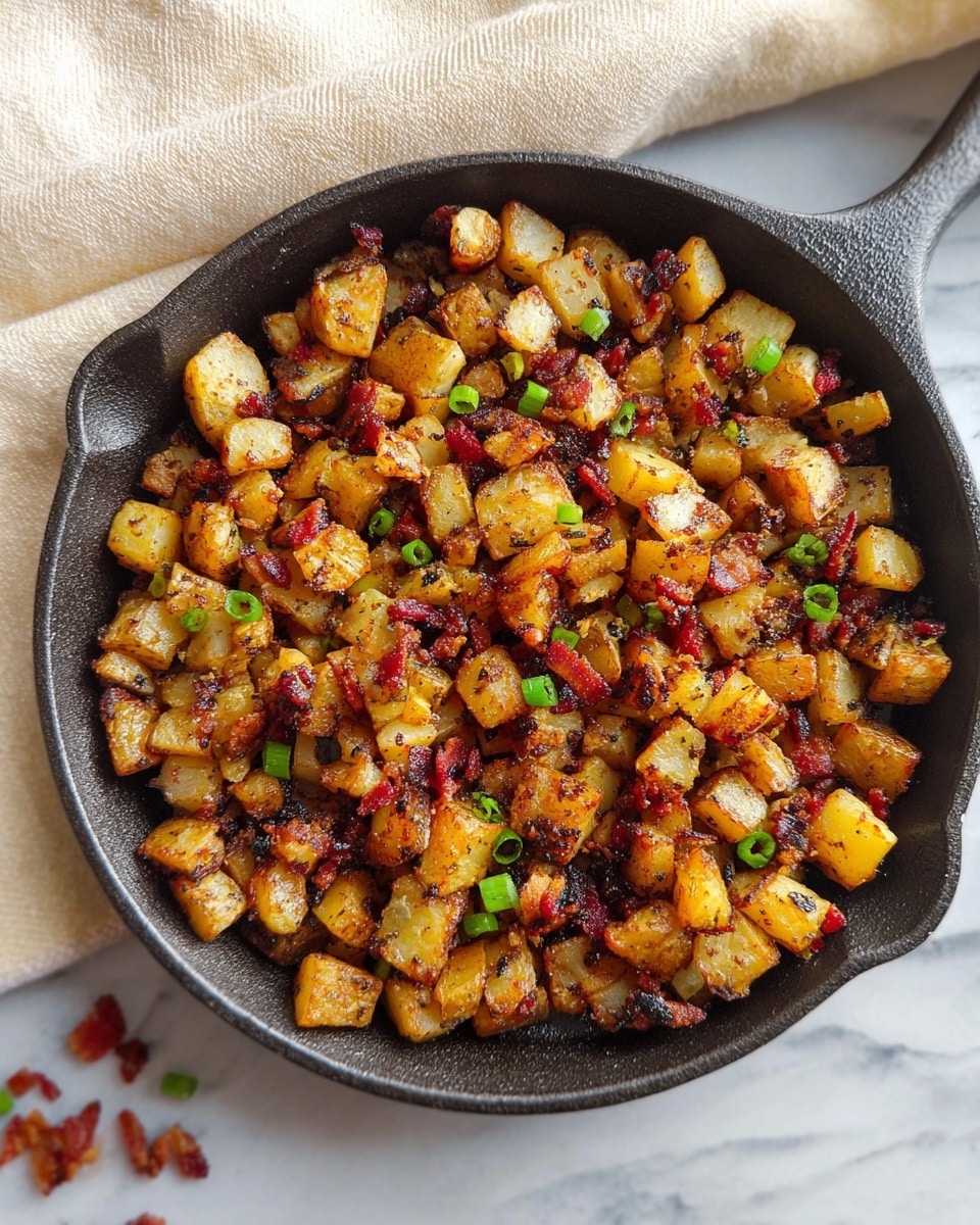 The image shows a cast iron skillet filled with golden brown, crispy diced potatoes mixed with small pieces of browned bacon and garnished with a few bright green chopped scallions. The potatoes have a crunchy, slightly charred texture on the outside with softer inside pieces. The dish sits on a beige knitted cloth over a white marbled surface with a softly blurred background. Photo taken with an iphone --ar 4:5 --v 7