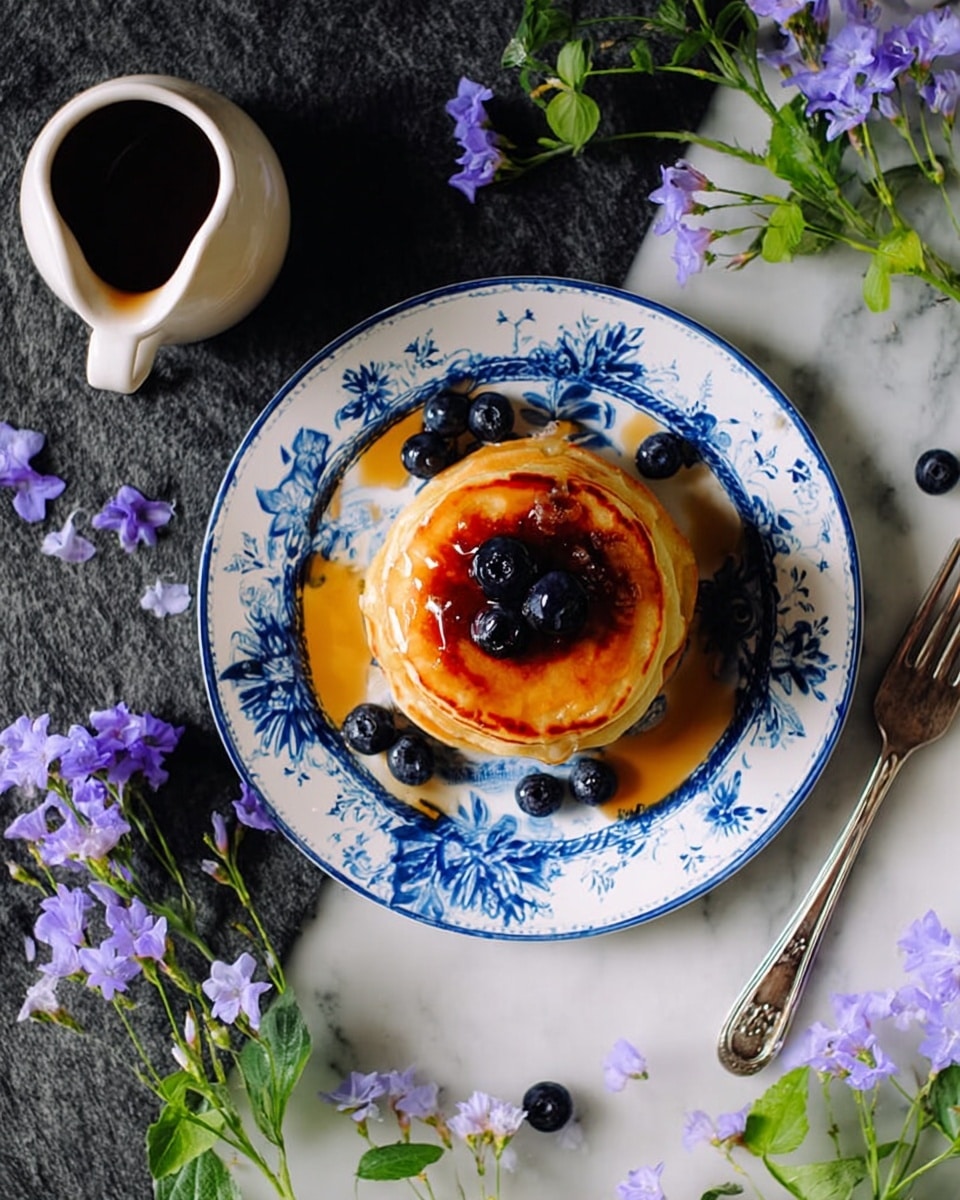 A stack of three golden pancakes sits in the center of a white plate with a floral texture, topped with a glossy layer of syrup and decorated with a few dark blueberries on and around the stack. To the left, a white syrup pitcher with a green leaf design is partially visible, and a silver fork lies near it. Around the plate, there are scattered small purple flowers with green leaves, placed on a white marbled surface. The scene is bright and fresh with a natural, simple look. photo taken with an iphone --ar 4:5 --v 7