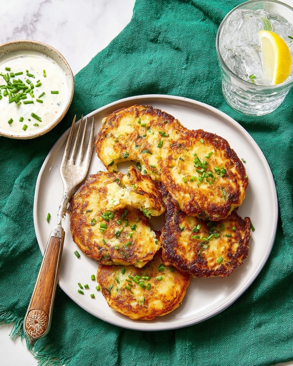 A white plate sits on a white marbled surface with a dark green cloth underneath. On the plate are six golden brown potato pancakes, each round and slightly thick with crispy edges and a textured surface showing light and darker fried spots. The pancakes are sprinkled with small pieces of green chopped chives. A fork with a wooden handle rests on the plate's edge. Nearby, a small white bowl with a brown rim holds white sour cream topped with chopped green chives. To the side, there is a clear glass of iced water with a lemon slice inside. photo taken with an iphone --ar 4:5 --v 7
