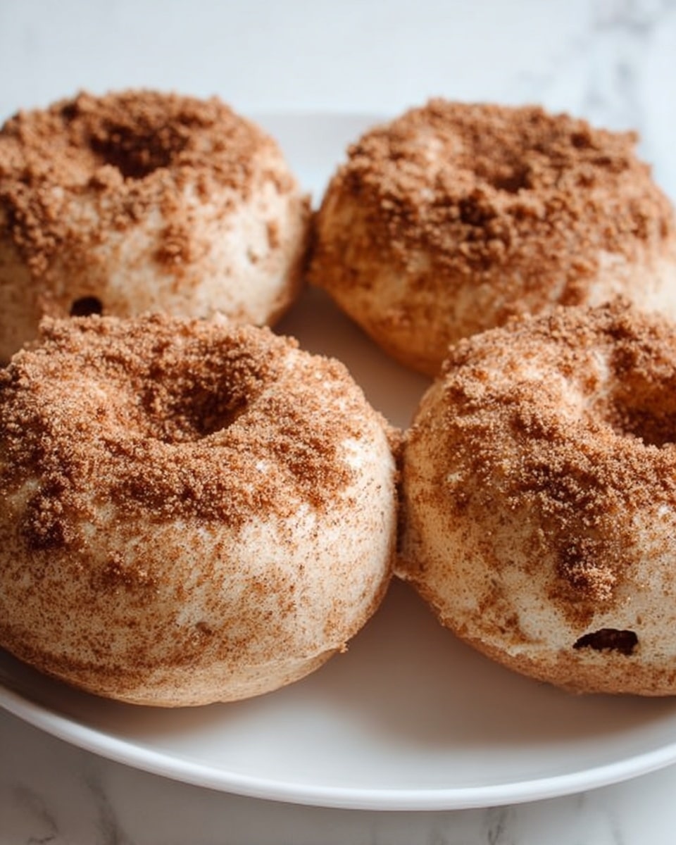 The image shows four round donuts on a white plate, resting on a white marbled surface. Each donut has a light brown color and a rough texture on top, covered with a layer of cinnamon sugar that gives them a grainy look. The donuts have small air holes visible on the surface, and their edges are slightly uneven, suggesting a soft and fluffy inside. The focus is close-up, showing the fine details of the sugar crystals and the texture of the donuts. photo taken with an iphone --ar 4:5 --v 7
