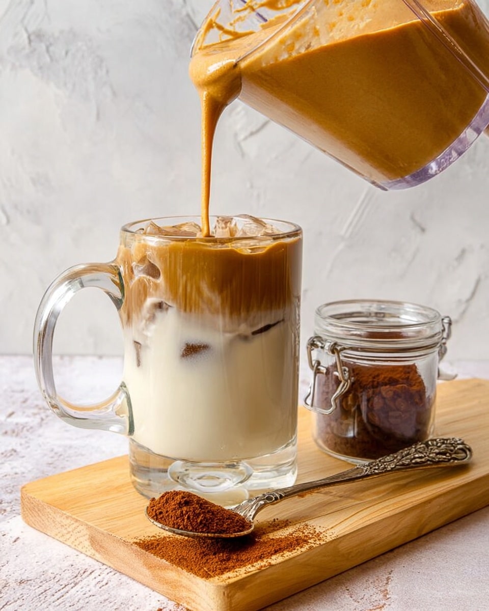 The image shows a clear glass cup filled with two layers of drink: the bottom layer is white and milky with ice cubes visible inside, and the top layer is a thick, foamy, light brown coffee mixture being poured from a container by a woman's hand. The cup has a handle and a clear straw inside. It is placed on a wooden board, which also holds a small jar filled with coffee powder and a spoon lying on the board with some coffee powder spilled around it. The background and surface are white with a marbled texture. Photo taken with an iphone --ar 4:5 --v 7