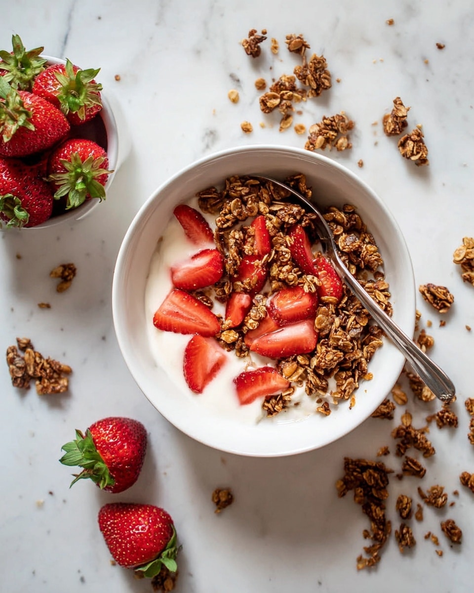A white bowl filled with three layers: the bottom layer is smooth, light cream yogurt, covered halfway by a thick layer of crunchy brown granola mixed with small oats. On top, scattered bright red sliced strawberries add color and freshness. A silver spoon rests inside the bowl, leaning on the edge. To the left, a small white bowl holds several whole bright red strawberries with green stems, and more strawberries and granola pieces are scattered around on a white marbled surface. photo taken with an iphone --ar 4:5 --v 7