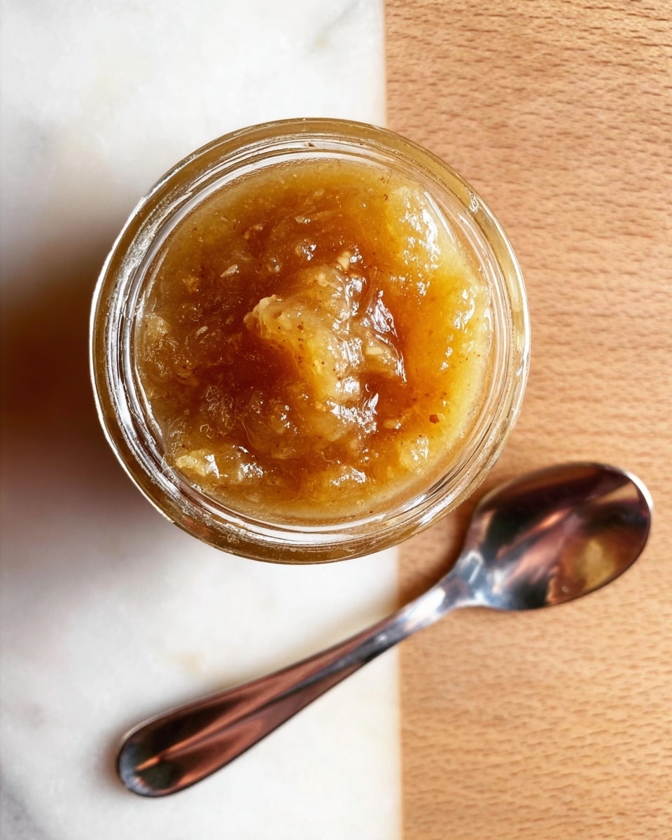 A top view of a small glass jar filled with chunky, golden-brown jam or preserve, showing visible pieces of fruit suspended in a glossy, thick liquid. The jar is placed on a light wooden surface with natural grain patterns. To the right side of the jar, there is a shiny metal spoon reflecting light, with smooth curves and a gently rounded handle. The composition highlights the texture and rich color of the jam inside the clear jar, with soft natural lighting. Photo taken with an iphone --ar 4:5 --v 7