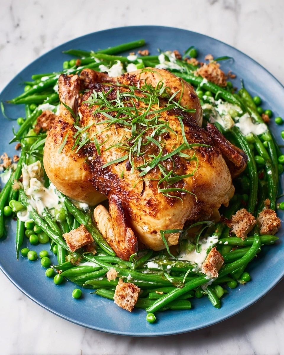 A whole roasted chicken with a golden-brown crispy skin topped with small green herb leaves sits in the center of a round white plate. Surrounding the chicken is a layer of bright green vegetables, including long green beans and small peas, some topped with a light drizzle of white sauce. Scattered on top of the vegetables are small brown croutons that add texture. The plate is placed on a white marbled surface. photo taken with an iphone --ar 4:5 --v 7