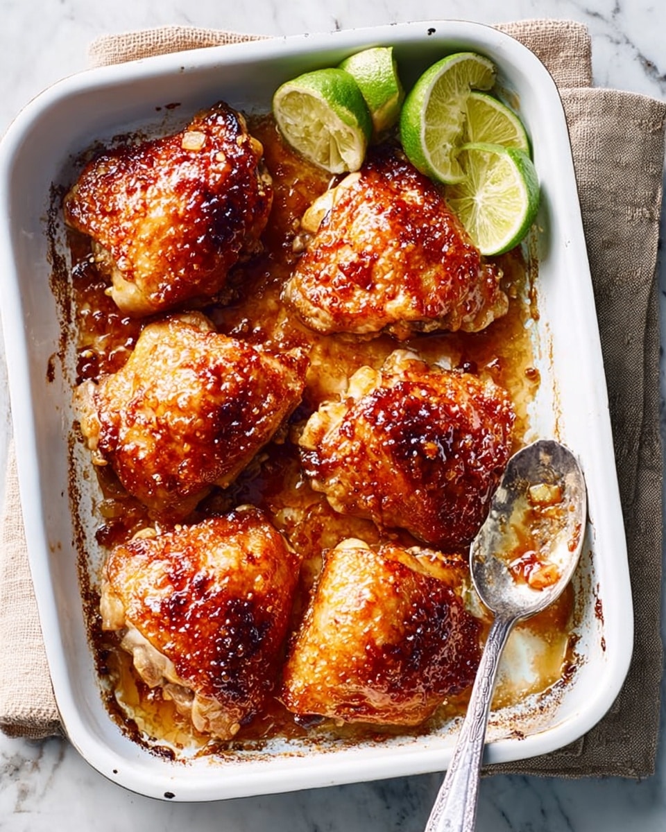 The image shows a white rectangular baking dish with seven golden-brown baked chicken thighs arranged closely together. The chicken skin looks crispy and glazed with a shiny, slightly sticky sauce that has a reddish-brown color. On the top right corner inside the dish, there are three lime wedges with bright green skin and pale green inside, adding a fresh contrast. A silver spoon lies on the bottom right corner of the dish, its bowl holding some bits of sauce. The dish is placed on a white marbled surface with a beige cloth under its right edge. The lighting highlights the texture of the chicken skin and the juicy sauce, making the food look warm and inviting. Photo taken with an iphone --ar 4:5 --v 7