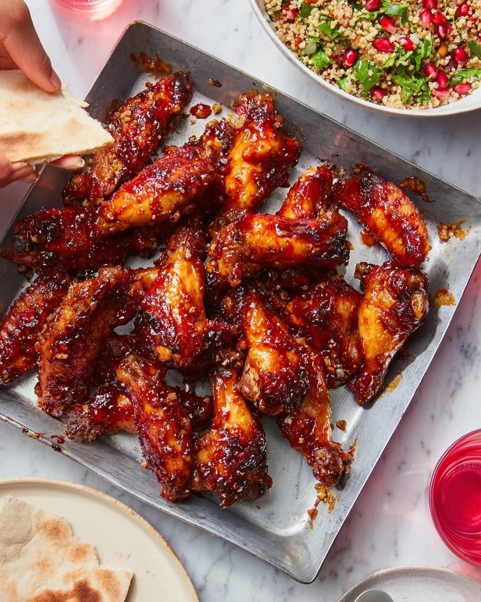 A metal tray filled with a dozen crispy, glossy chicken wings covered in a sticky, dark red sauce with slightly charred edges, placed on a white marbled surface. To the left, a woman's hand is holding a piece of white pita bread, and nearby is a white bowl filled with a colorful salad made of grains, green herbs, and red pomegranate seeds. On the right side, there is a clear glass with a pink drink inside, and the edge of a white plate is visible at the top right corner. photo taken with an iphone --ar 4:5 --v 7