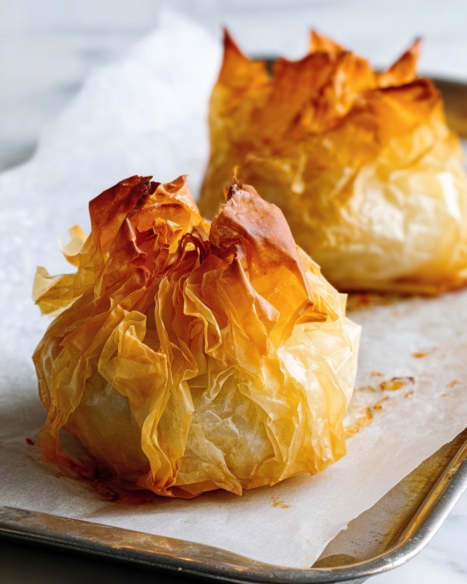 The image shows two golden-brown baked phyllo dough parcels with crispy, crinkled tops sitting on white parchment paper on a dark baking tray. Each parcel looks light and flaky with thin layers of delicate, crispy dough gathered and twisted at the top, creating texture and depth. The color varies from pale yellow to deep amber on the folds and edges, suggesting they are freshly baked and crunchy. The background surface is a white marbled texture, adding a clean and soft contrast to the warm tones of the pastries. Photo taken with an iphone --ar 4:5 --v 7