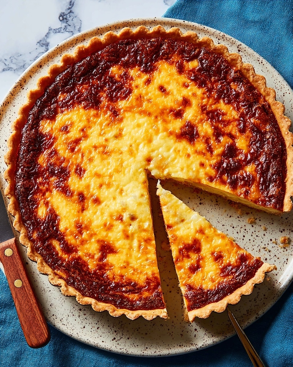 The image shows a round quiche with one slice cut out and placed slightly away from the main quiche on a white plate. The quiche has a golden brown crust around the edges, and the top layer is a mix of golden yellow and dark brown toasted cheese, giving it a slightly uneven, bubbly texture. The crust is thick and looks crumbly, while the filling inside is creamy and smooth. There is a knife with a wooden handle resting next to the plate on a blue fabric surface with a white marbled texture underneath. Photo taken with an iphone --ar 4:5 --v 7
