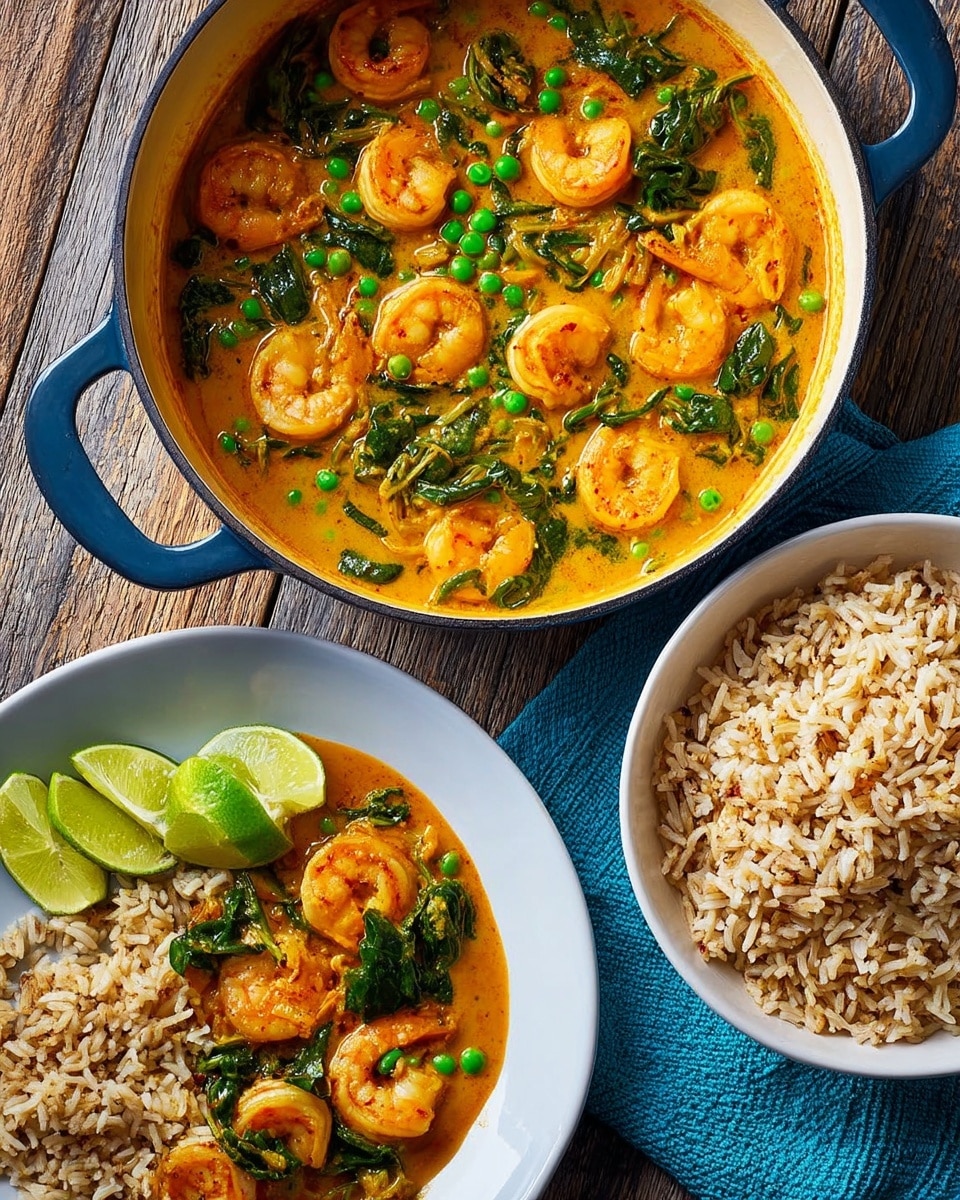 The image shows a white pot with blue handles filled with a shrimp curry that has a yellow-orange sauce, green peas, and spinach leaves floating on top, creating a rich, colorful mix layered with plump pink shrimp. Next to it, there is a white bowl holding light brown mixed rice with some grains separated, showing a soft texture. On a white plate, there is a serving of the shrimp curry mixed with peas and spinach on one side, and rice on the other, garnished with two lime wedges on the edge. The dishes are placed on a white marbled surface with a folded blue cloth underneath the plates. Photo taken with an iphone --ar 4:5 --v 7
