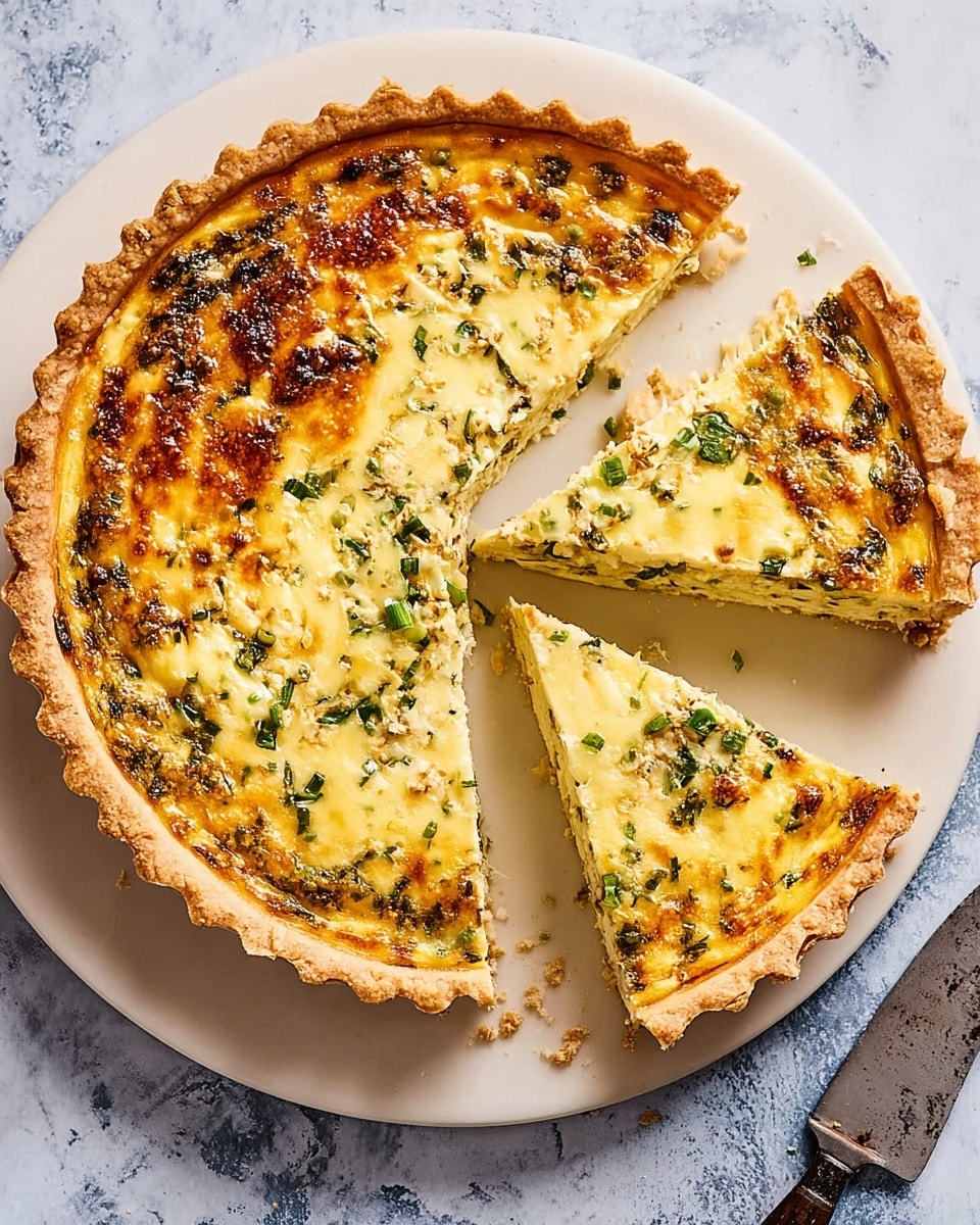 A round quiche with three slices cut out and slightly pulled away from the main pie, showing a golden-brown crust that is thick and flaky. The filling is light yellow with a creamy texture, dotted with finely chopped green herbs and bits of vegetables, creating a speckled pattern on top. The quiche is placed on a simple white plate with a slightly raised edge, set on a white marbled surface with a knife with a dark handle beside it. Photo taken with an iphone --ar 4:5 --v 7