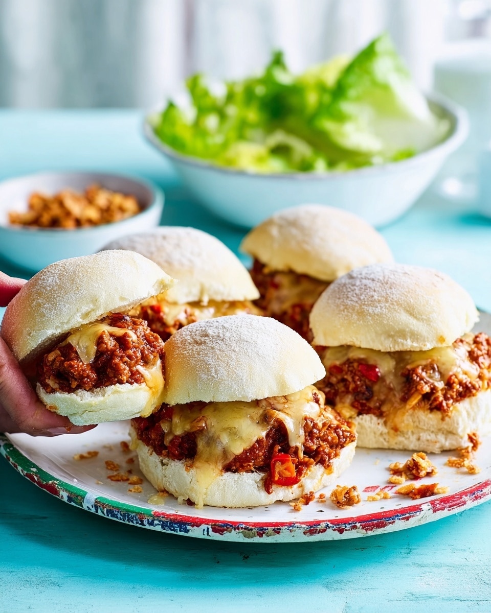 The image shows four mini sandwiches arranged on a white plate with a colorful floral rim, placed on a white marbled surface. Each sandwich has a soft white bun with a layer of cooked ground meat mixed with red bell peppers, topped with melted yellow cheese that slightly drips over the sides. One sandwich is opened, revealing its layers more clearly: the bottom bun, a generous layer of the meat mixture with red pieces, and the gooey cheese that looks melted and slightly browned on top. In the background, there is a white bowl filled with fresh green lettuce leaves and another small white bowl with a brown crumbly topping. The overall setting is bright and inviting. Photo taken with an iphone --ar 4:5 --v 7
