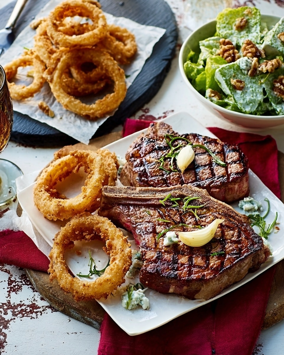 The image shows a white plate with a large grilled steak as the main focus, marked by grill lines and topped with a small sprig of green herbs and a clove of garlic. To the top right of the steak, there is a small white bowl filled with golden, crispy onion rings that look crunchy and hot. On the far right, there is a white bowl filled with fresh wedge salad: pale green lettuce with white creamy dressing drizzled on top and some walnut pieces scattered over. The setting is on a wooden tray placed on a white marbled surface, with a woman's hand partially visible near the top left holding an onion ring. The overall colors include warm browns, pale greens, and creamy whites, giving a fresh and hearty look. Photo taken with an iphone --ar 4:5 --v 7