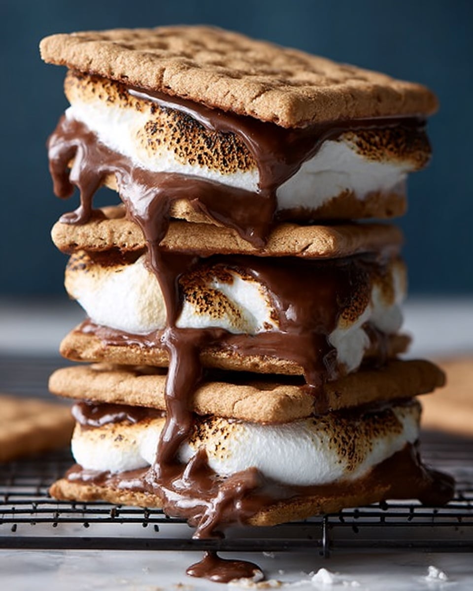 A tall stack of four s'mores is shown, each made from light brown square cookies with crinkled edges. Between each cookie layer, there is a thick layer of melted white marshmallow mixed with creamy, shiny melted chocolate that drips slightly down the sides. The texture of the marshmallow looks soft and gooey, while the chocolate is smooth and rich. The background is a smooth dark color, and the stack is placed on a white marbled surface. photo taken with an iphone --ar 4:5 --v 7