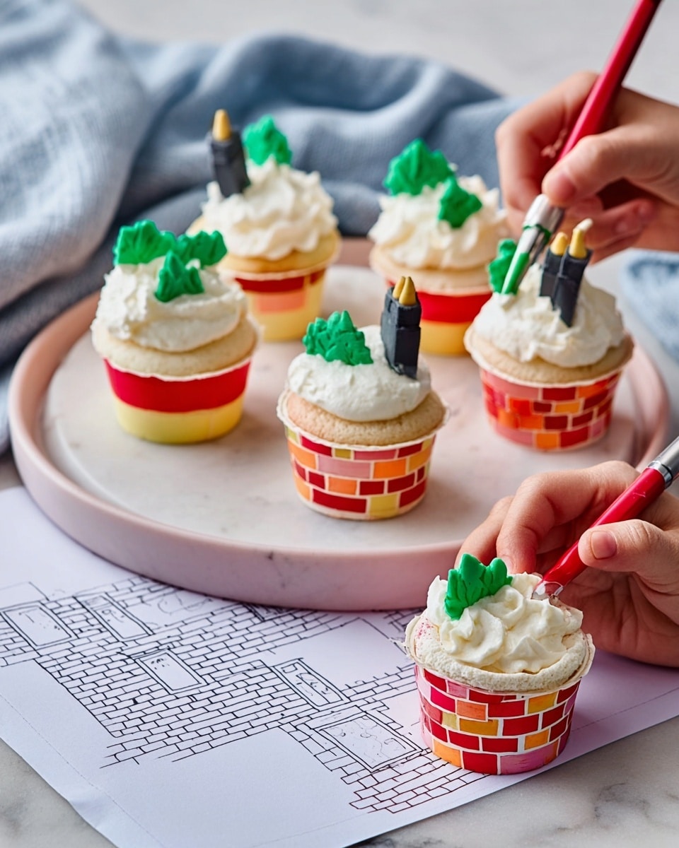 The image shows six cupcakes decorated to look like chimneys with red brick patterns on white cupcake wrappers. Each cupcake is topped with thick white frosting that looks like fluffy smoke coming out of the chimney. Green and black fondant shapes are placed on sticks protruding from the frosting, resembling leaves and chimney pots. Two children's blue-sleeved arms are visible, with one woman’s hand holding a cupcake and another woman’s hand using a red marker to color bricks on a printed paper chimney drawing next to the cupcakes. The scene is set on a white marbled surface with a soft pink cloth background. photo taken with an iphone --ar 4:5 --v 7