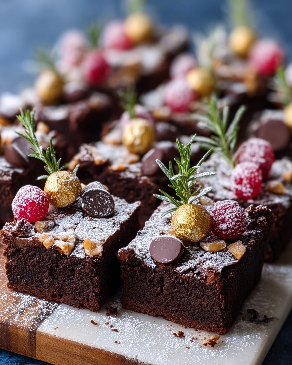 The image shows rich, dark brown square brownie pieces arranged closely on a white marbled surface, each topped with a fine dusting of white powdered sugar. Each piece features a layered decoration: a frosted red cranberry, a small shiny golden ball, a sprig of fresh green rosemary leaning upright, and some crumbled light brown nuts scattered lightly. The texture of the brownies is dense and moist, with a glossy, slightly cracked top. A dark brown spatula is placed under one brownie slice. Photo taken with an iphone --ar 4:5 --v 7