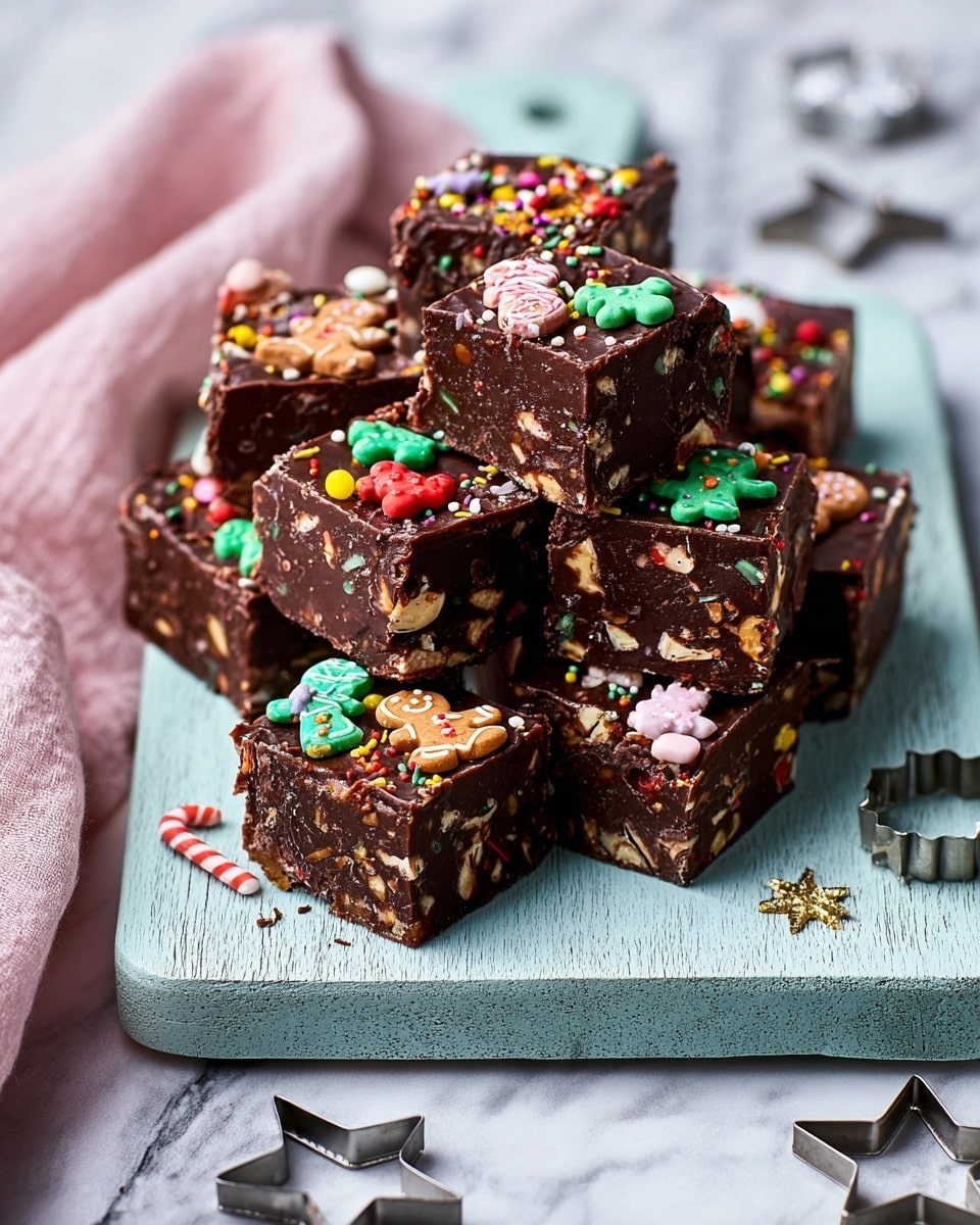 A white marbled textured surface holds a light blue wooden board stacked with multiple square pieces of dark chocolate fudge. Each piece shows a rich, glossy dark brown layer embedded with small chunks of nuts and other light-colored bits visible inside. The top layer is decorated with colorful small candy shapes including gingerbread men, candy canes, and round sprinkles in red, green, white, and gold, giving a festive look. The fudge pieces are arranged closely together in a layered pile, creating a mix of textures from smooth to crunchy. A soft pink cloth is casually draped in the background. photo taken with an iphone --ar 4:5 --v 7