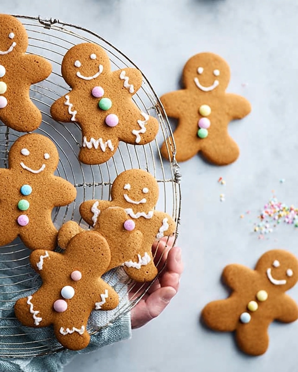 The image shows five gingerbread cookies cooling on a round wire rack placed on a white marbled surface. The cookies are shaped like gingerbread people with different sizes, all decorated with white icing for eyes, smiles, and buttons, plus colorful candy buttons on their bodies. One cookie has detailed white icing on its feet. On the right side of the wire rack, small colorful sprinkles are scattered on the surface. The lighting is soft, creating light shadows under the cookies. photo taken with an iphone --ar 4:5 --v 7