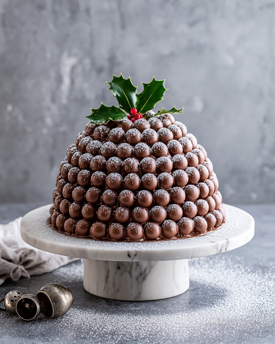 The image shows a dome-shaped chocolate dessert placed on a round white marble stand with a thick base. The dessert surface is completely covered with neat, shiny, round chocolate balls arranged in several horizontal layers, each layer slightly curving inward to form the dome shape. The chocolate balls have a smooth texture with a light dusting of powdered sugar on top, adding a snowy effect. At the peak of the dome, there is a small decoration of three green glossy holly leaves with three bright red berries. The dessert and stand are set on a white marbled surface with some powdered sugar scattered lightly around. Nearby, there is a string of rusty old bells lying casually on the surface. Photo taken with an iphone --ar 4:5 --v 7