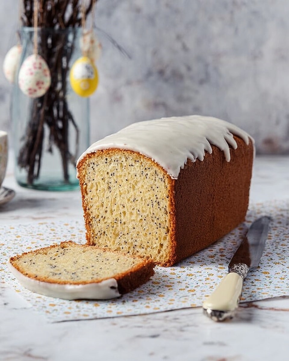 A tall loaf cake with one slice cut and lying flat in front shows three visible layers: a dark golden brown crust on the outside, a speckled light yellow soft interior with tiny black seeds throughout, and a thick white icing layer smoothly dripping over the top edges. The cake is placed on a white cloth with subtle embroidered flower details, resting on a white marbled surface. A knife with a white handle and ornate silver details lies beside the slice. In the background, there is a clear glass bottle holding thin branches and a pastel blue wall with a textured, weathered look. photo taken with an iphone --ar 4:5 --v 7