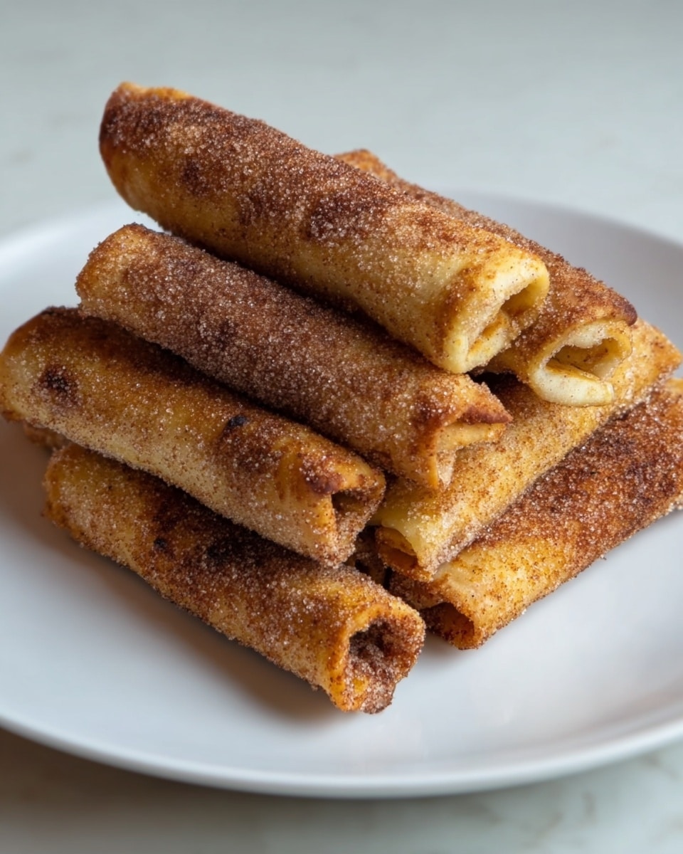 A white plate holds a stack of seven rolled crispy sticks that are golden brown with a sugary cinnamon coating. Each roll looks thick and soft inside, with a slightly crunchy texture on the outside. The rolls are placed closely together, some lying flat while others lean on top, showing their open spiral ends. The white marbled surface is subtle in the background, adding brightness to the warm colors of the rolls. photo taken with an iphone --ar 4:5 --v 7