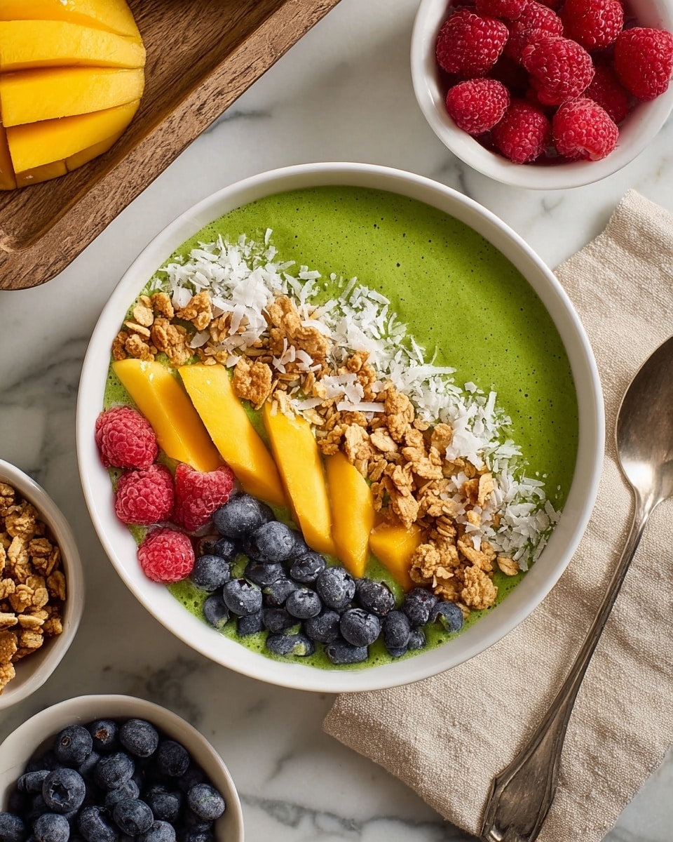 A white bowl filled with a smooth, thick green base made of a creamy smoothie, topped with granola clusters on the left, fresh blueberries and raspberries mixed in the middle, thin yellow mango slices arranged on the right, and sprinkled with white coconut flakes all over the top. The bowl sits on a white marbled surface. Nearby, there is a bowl of mixed blueberries and raspberries, a small white bowl of mango slices, a wooden board with coconut flakes, a small white bowl filled with granola, and a silver spoon resting on a beige cloth. Photo taken with an iphone --ar 4:5 --v 7