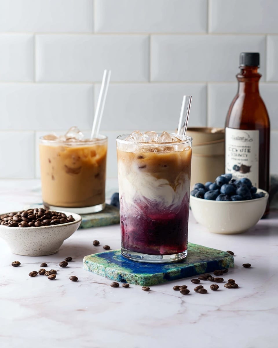 The image shows a glass with three distinct layers: the bottom layer is dark purple and smooth, the middle layer is white and creamy with swirls blending upwards, and the top layer is a dark brown liquid with frothy bubbles on the surface. The glass sits on a blue and white stone coaster on a white marbled texture. In the background, there is another white glass filled with a light tan iced coffee, a small white bowl of brown coffee beans, a bottle of vanilla extract with a green cap, a white square container full of fresh blueberries, and scattered blueberries on the surface. A clear straw sticks out from the glass with layered drink. Photo taken with an iphone --ar 4:5 --v 7