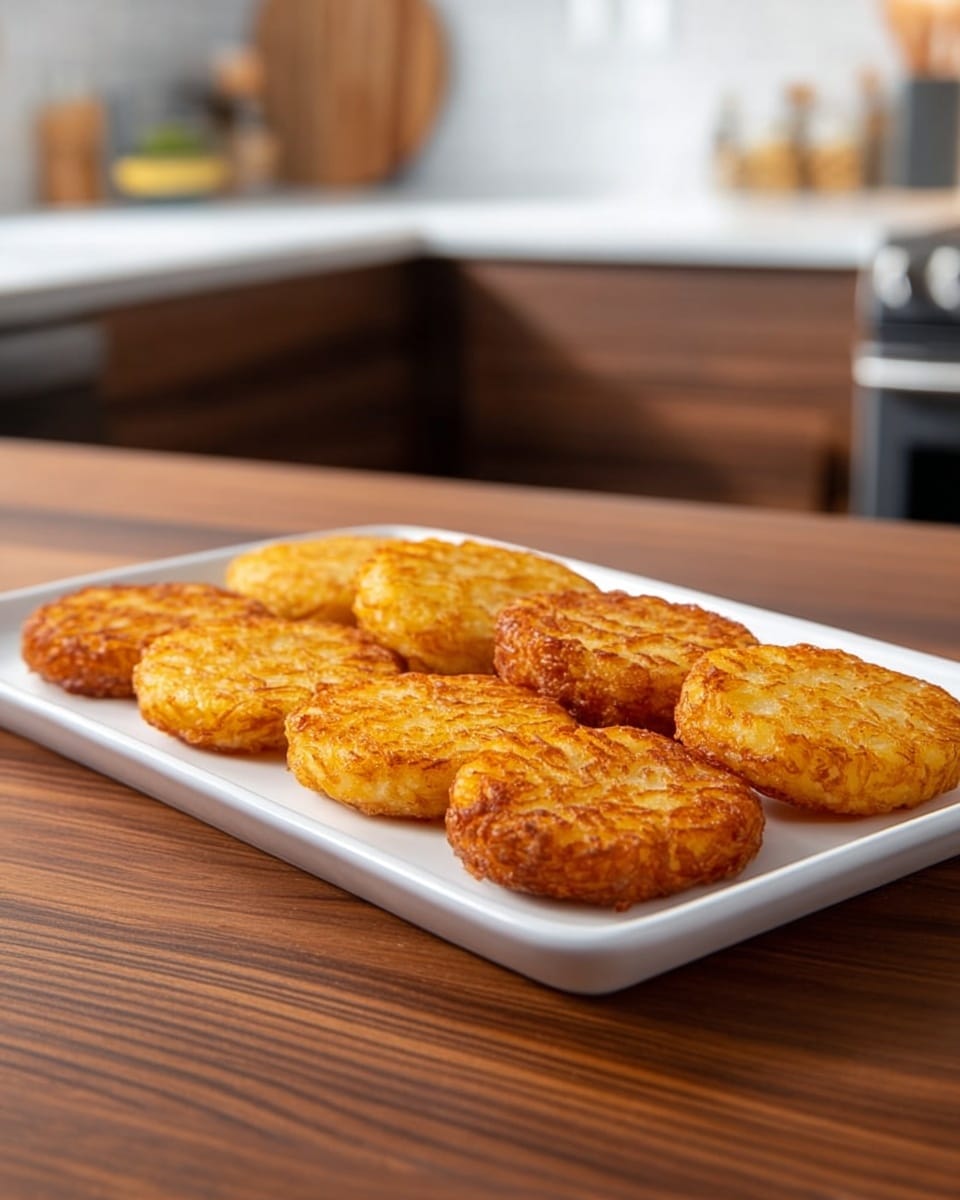 A white rectangular plate sits on a wooden table with a white marbled texture background. On the plate, there are ten round, golden-brown patties arranged closely side by side in two neat rows. Each patty has a slightly crispy texture with a light, even browning on the surface, giving them a warm, inviting look. The patties are consistent in size, with a slightly rough texture on top, showing a crispy outer layer. The kitchen setup in the blurred background has brown cabinets and a stove, keeping the focus on the plate of patties. photo taken with an iphone --ar 4:5 --v 7
