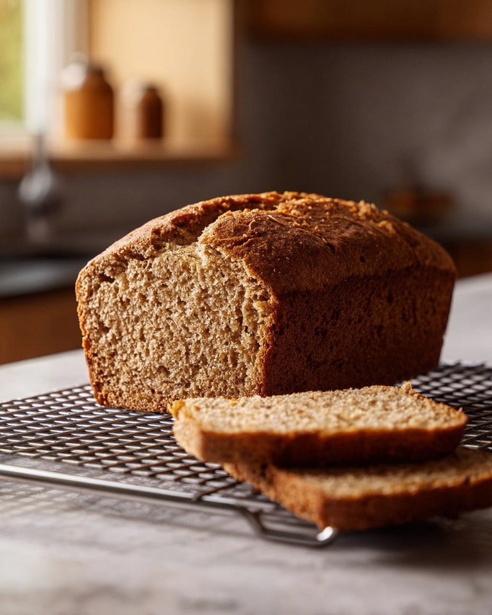 A loaf of brown bread with a golden crust is placed on a metal cooling rack on a white marbled surface. The bread has been sliced into three pieces, showing a soft, spongy interior with small holes and a light brown color. The crust is textured and slightly darker than the inside. The background shows a blurred kitchen setting with neutral tones. Photo taken with an iphone --ar 4:5 --v 7
