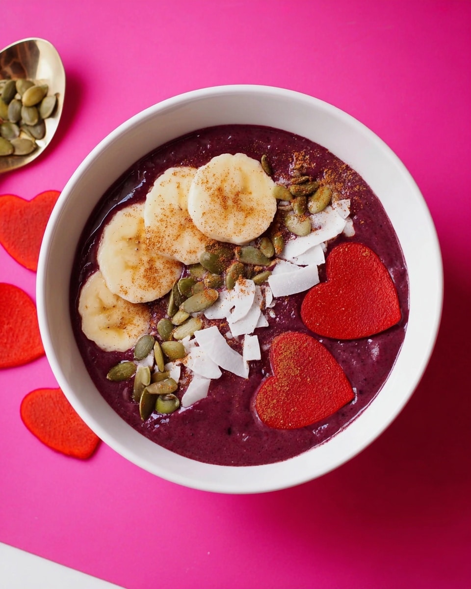 A white bowl holds a dark purple smoothie base, topped with three distinct layers of toppings arranged in a circular pattern. The first layer, closest to the edge, features evenly sliced banana pieces dusted lightly with cinnamon powder, showing a soft yellow color. Next is a sprinkling of green pumpkin seeds and scattered coconut flakes adding a rough white texture. The innermost layer consists of deep red heart-shaped fruit slices resting on the purple base, also dusted with a touch of cinnamon. The bowl sits on a bright pink surface. Photo taken with an iphone --ar 4:5 --v 7